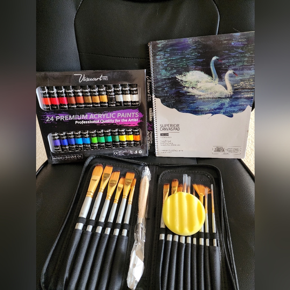 Visuart Acrylic Paint Set, 24 Colors with Brushes and Canvas Pad